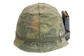 US Army helmet Vietnam war period with camouflage cover, magazine with ammot and dog tags Royalty Free Stock Photo