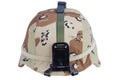 us army kevlar helmet with a desert camouflage cover and night vision mount