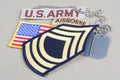 US ARMY Master Sergeant rank patch, airborne tab, flag patch and dog tag Royalty Free Stock Photo