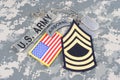 US ARMY Master Sergeant rank patch, airborne tab, flag patch, with dog tags on camouflage unifor