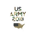 US Army original font inscription in camouflage with USA map. Flat vector illustration EPS10 Royalty Free Stock Photo