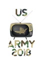 US Army original font inscription in camouflage with USA map and old TV. Flat vector illustration EPS10 Royalty Free Stock Photo