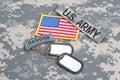 US ARMY ranger tab with blank dog tags on camouflage uniform Royalty Free Stock Photo