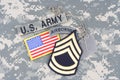 US ARMY Sergeant First Class rank patch, airborne tab, flag patch, with dog tag on camouflage un