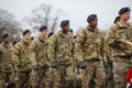 US Army soldiers of the 1st Cavalry Division take part at the Romanian National Day military parade Royalty Free Stock Photo