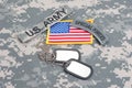 US ARMY special forces tab with blank dog tags on camouflage uniform Royalty Free Stock Photo