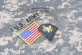 US ARMY Specialist rank patch, ranger tab, flag patch, with dog tag on camouflage uniform