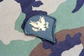 US ARMY Specialist rank patch on woodland camouflage uniform