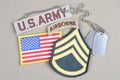 US ARMY Staff Sergeant rank patch, airborne tab, flag patch and dog tag