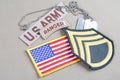 US ARMY Staff Sergeant rank patch, ranger tab, flag patch and dog tag