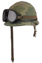 US Army Vietnam era M1 helmet shell, liner, Mitchell pattern camouflage cover with protective goggles