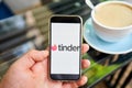 US, California - June 23 2023: Tinder logo. Dating app in mobile phone screen. Man swiping and liking profiles on Royalty Free Stock Photo