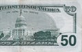 US Capitol on 50 dollars banknote back side closeup macro fragment. United states fifty dollars money bill Royalty Free Stock Photo
