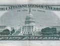 US Capitol on 50 dollars banknote back side closeup macro fragment. United states fifty dollars money bill Royalty Free Stock Photo