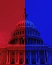 The US Capitol dome in Washington DC with half Republican red and half Democrat blue