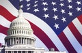 The US Capitol in Washington with the American flag waving in the background Royalty Free Stock Photo