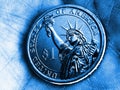 US coin lies on the palm. Blue tinted illustration. Economy and finance. 1 one dollar coin close-up. The Statue of Liberty. Wages