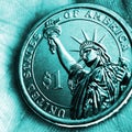 US coin lies on the palm. Turquoise tinted square illustration. Economy, finance or banking. 1 one dollar coin close up. The