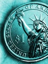US coin lies on the palm. Turquoise tinted vertical illustration. Economy, finance or banking. 1 one dollar coin close up. The