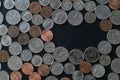 US coins on flat surface with void space for text