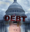 US Congress with Debt text over piggy bank wearing a graduation cap