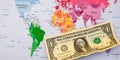 US dollar banknotes on globe world map, American investment and trading Royalty Free Stock Photo