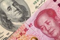 US dollar bill and China yuan banknote macro Royalty Free Stock Photo