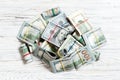 US Dollar bills bundles stack. one hundred dollar bills with stack of money in the middle. Top view of business concept on Royalty Free Stock Photo