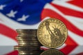 US Dollar Coin American Flag Background Stack of Coins Macro