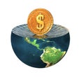 Us dollar coin on earth hemisphere