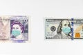 US dollar and Multi Currency with mask indicating COVID affects on financial crisis