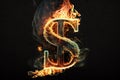 US dollar symbol in fire. US dollar sign burning. Currency. Online banking. Generative AI