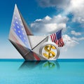 US Dollar symbol sinking aboard of a paper boat - Recession concept Royalty Free Stock Photo