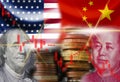 US dollar and Yuan banknote with USA and China flags. Its is symbol for economic tariffs trade war crisis between biggest economic Royalty Free Stock Photo