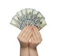US Dollars 100 banknote in human hands isolated on white background Royalty Free Stock Photo