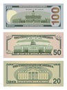 100, 50 and 20 US dollars banknotes from reverse side Royalty Free Stock Photo