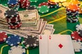 US Dollars play card and poker chips on a gaming table Royalty Free Stock Photo