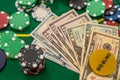 US Dollars play card and poker chips on a gaming table Royalty Free Stock Photo