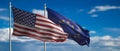 EU and America waving flags on blue sky. 3d illustration