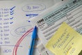 US federal income tax return concept with a close up image of IRS 1040 form with some notes,