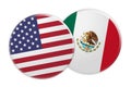 US Flag Button On Mexico Flag Button, 3d illustration on white background
