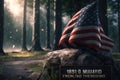 US flag on gravestone in jungle to remind of sacrifice of soldiers during war time Royalty Free Stock Photo
