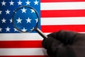 US flag looking through a magnifying glass. Study of the history and culture of the country of the United States. The Royalty Free Stock Photo