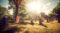 US Flag at Military Cemetery on Veterans Day or Memorial Day. Concept National holidays, Flag Day, Veterans Day, Memorial Day,