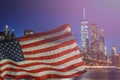 US flag New York City& x27;s Brooklyn Bridge and Manhattan skyline illuminated