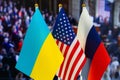 The US flag, Russian flag, Ukraine flag. Flag of USA, flag of Russia, flag of Ukraine. The United States