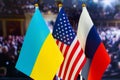 The US flag, Russian flag, Ukraine flag. Flag of USA, flag of Russia, flag of Ukraine