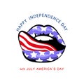 US Flag in sensual lips with tongue. Happy independence day. Vector illustration