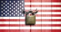 Government shutdown. US flag on wooden door closed with padlock. 3d illustration