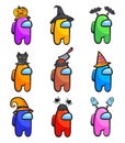 Among us halloweens characters. Game set astronauts by role in festive halloween hats, Amongus character cartoon graphic